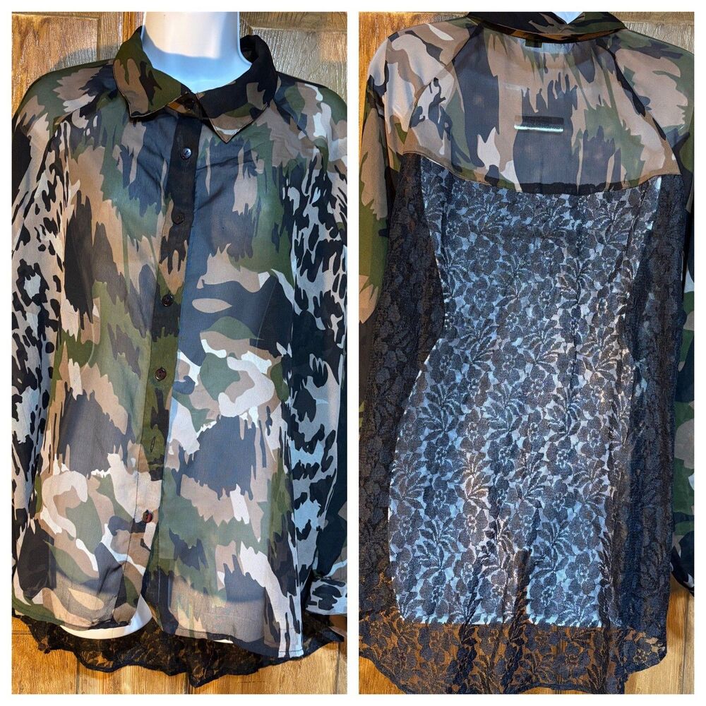 Caren Sport Womens Shear Camo And Lace blouse Size 2X Long Sleeve